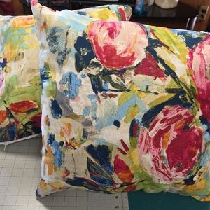 Handmade Floral Watercolor Accent Pillow in Pink and Blue